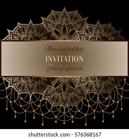 Baroque background with antique, lacy black and metal gold vintage frame, victorian banner, eastern mandalas with beads, invitation card, baroque booklet, fashion pattern, template for design.