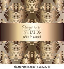Baroque background with antique, luxury beige, brown and gold vintage frame, victorian banner, damask floral wallpaper ornaments, invitation card, baroque style booklet, fashion pattern.