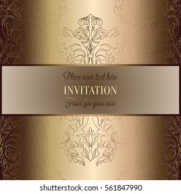 Baroque background with antique, luxury beige, brown and gold vintage frame, victorian banner, damask floral wallpaper ornaments, invitation card, baroque style booklet, fashion pattern.