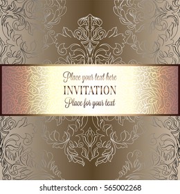 Baroque background with antique, luxury beige, brown and gold vintage frame, victorian banner, damask floral wallpaper ornaments, invitation card, baroque style booklet, fashion pattern.