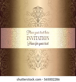 Baroque background with antique, luxury beige, brown and gold vintage frame, victorian banner, damask floral wallpaper ornaments, invitation card, baroque style booklet, fashion pattern.