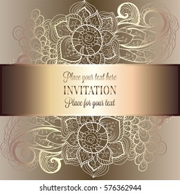 Baroque background with antique, luxury beige and metal gold vintage frame, victorian banner, damask floral wallpaper ornaments, invitation card, baroque style booklet, fashion pattern, template.