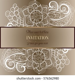 Baroque background with antique, luxury beige and metal gold vintage frame, victorian banner, damask floral wallpaper ornaments, invitation card, baroque style booklet, fashion pattern, template.