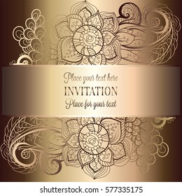 Baroque background with antique, luxury beige and metal gold vintage frame, victorian banner, damask floral wallpaper ornaments, invitation card, baroque style booklet, fashion pattern, template.
