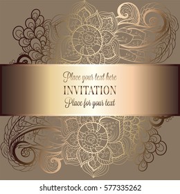 Baroque background with antique, luxury beige and metal gold vintage frame, victorian banner, damask floral wallpaper ornaments, invitation card, baroque style booklet, fashion pattern, template.