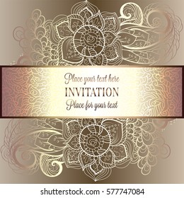 Baroque background with antique, luxury beige and metal gold vintage frame, victorian banner, damask floral wallpaper ornaments, invitation card, baroque style booklet, fashion pattern, template.