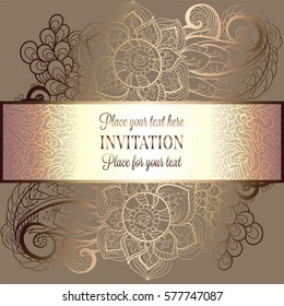 Baroque background with antique, luxury beige and metal gold vintage frame, victorian banner, damask floral wallpaper ornaments, invitation card, baroque style booklet, fashion pattern, template.