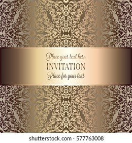 Baroque background with antique, luxury beige and metal gold vintage frame, victorian banner, damask floral wallpaper ornaments, invitation card, baroque style booklet, fashion pattern, template.
