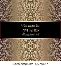 Baroque background with antique, luxury beige and metal gold vintage frame, victorian banner, damask floral wallpaper ornaments, invitation card, baroque style booklet, fashion pattern, template.