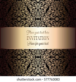 Baroque background with antique, luxury beige and metal gold vintage frame, victorian banner, damask floral wallpaper ornaments, invitation card, baroque style booklet, fashion pattern, template.