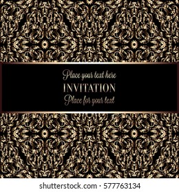 Baroque background with antique, luxury beige and metal gold vintage frame, victorian banner, damask floral wallpaper ornaments, invitation card, baroque style booklet, fashion pattern, template.