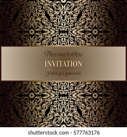 Baroque background with antique, luxury beige and metal gold vintage frame, victorian banner, damask floral wallpaper ornaments, invitation card, baroque style booklet, fashion pattern, template.