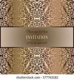 Baroque background with antique, luxury beige and metal gold vintage frame, victorian banner, damask floral wallpaper ornaments, invitation card, baroque style booklet, fashion pattern, template.