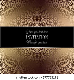 Baroque background with antique, luxury beige and metal gold vintage frame, victorian banner, damask floral wallpaper ornaments, invitation card, baroque style booklet, fashion pattern, template.