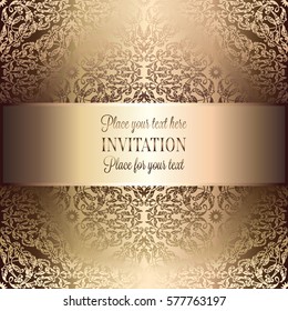Baroque background with antique, luxury beige and metal gold vintage frame, victorian banner, damask floral wallpaper ornaments, invitation card, baroque style booklet, fashion pattern, template.