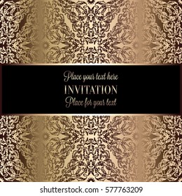 Baroque background with antique, luxury beige and metal gold vintage frame, victorian banner, damask floral wallpaper ornaments, invitation card, baroque style booklet, fashion pattern, template.