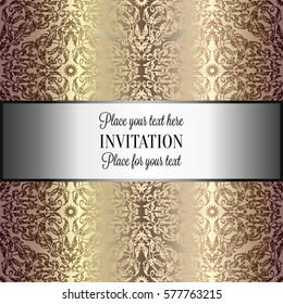 Baroque background with antique, luxury beige and metal gold vintage frame, victorian banner, damask floral wallpaper ornaments, invitation card, baroque style booklet, fashion pattern, template.