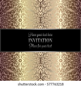 Baroque background with antique, luxury beige and metal gold vintage frame, victorian banner, damask floral wallpaper ornaments, invitation card, baroque style booklet, fashion pattern, template.