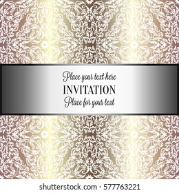 Baroque background with antique, luxury beige and metal gold vintage frame, victorian banner, damask floral wallpaper ornaments, invitation card, baroque style booklet, fashion pattern, template.