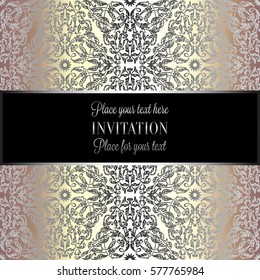 Baroque background with antique, luxury beige and metal gold vintage frame, victorian banner, damask floral wallpaper ornaments, invitation card, baroque style booklet, fashion pattern, template.