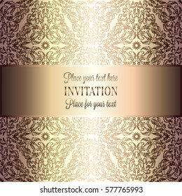 Baroque background with antique, luxury beige and metal gold vintage frame, victorian banner, damask floral wallpaper ornaments, invitation card, baroque style booklet, fashion pattern, template.
