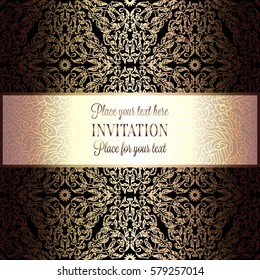 Baroque background with antique, luxury beige and metal gold vintage frame, victorian banner, damask floral wallpaper ornaments, invitation card, baroque style booklet, fashion pattern, template.