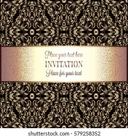 Baroque background with antique, luxury beige and metal gold vintage frame, victorian banner, damask floral wallpaper ornaments, invitation card, baroque style booklet, fashion pattern, template.