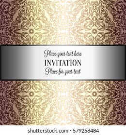 Baroque background with antique, luxury beige and metal gold vintage frame, victorian banner, damask floral wallpaper ornaments, invitation card, baroque style booklet, fashion pattern, template.