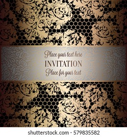 Baroque background with antique, luxury beige and metal gold vintage frame, victorian banner, damask intricate wallpaper ornaments, invitation card, baroque style booklet, lace decoration, textile.