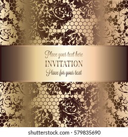 Baroque background with antique, luxury beige and metal gold vintage frame, victorian banner, damask intricate wallpaper ornaments, invitation card, baroque style booklet, lace decoration, textile.