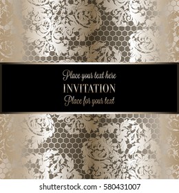 Baroque background with antique, luxury beige and metal gold vintage frame, victorian banner, damask intricate wallpaper ornaments, invitation card, baroque style booklet, lace decoration, textile.