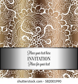 Baroque background with antique, luxury beige and metal gold vintage frame, victorian banner, damask intricate wallpaper ornaments, invitation card, baroque style booklet, lace decoration, textile.