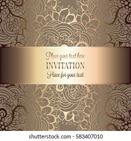 Baroque background with antique, luxury beige and metal gold vintage frame, victorian banner, damask intricate wallpaper ornaments, invitation card, baroque style booklet, lace decoration, textile.