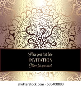 Baroque background with antique, luxury beige and metal gold vintage frame, victorian banner, damask intricate wallpaper ornaments, invitation card, baroque style booklet, lace decoration, textile.