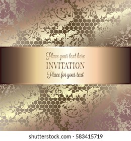 Baroque background with antique, luxury beige and metal gold vintage frame, victorian banner, damask intricate wallpaper ornaments, invitation card, baroque style booklet, lace decoration, textile.