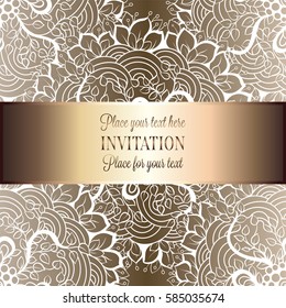 Baroque background with antique, luxury beige and metal gold vintage frame, victorian banner, damask intricate wallpaper ornaments, invitation card, baroque style booklet, lace decoration, textile.