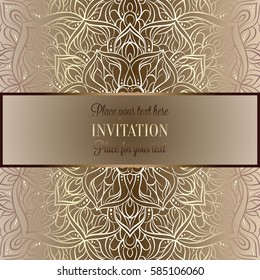 Baroque background with antique, luxury beige and metal gold vintage frame, victorian banner, damask intricate wallpaper ornaments, invitation card, baroque style booklet, lace decoration, textile.