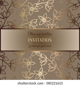 Baroque background with antique, luxury beige and metal gold vintage frame, victorian banner, damask intricate wallpaper ornaments, invitation card, baroque style booklet, lace decoration, textile.
