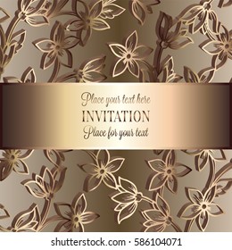 Baroque background with antique, luxury beige and metal gold vintage frame, victorian banner, damask intricate wallpaper ornaments, invitation card, baroque style booklet, lace decoration, textile.
