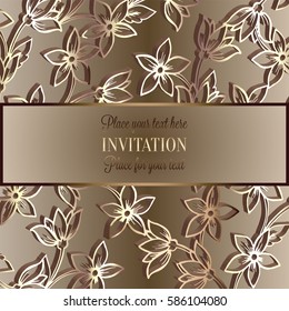 Baroque background with antique, luxury beige and metal gold vintage frame, victorian banner, damask intricate wallpaper ornaments, invitation card, baroque style booklet, lace decoration, textile.