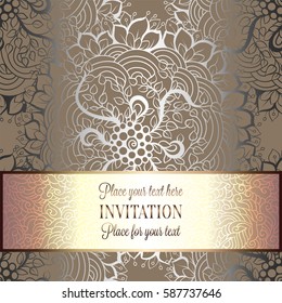 Baroque background with antique, luxury beige and metal gold vintage frame, victorian banner, damask intricate wallpaper ornaments, invitation card, baroque style booklet, lace decoration, textile.