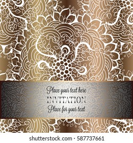 Baroque background with antique, luxury beige and metal gold vintage frame, victorian banner, damask intricate wallpaper ornaments, invitation card, baroque style booklet, lace decoration, textile.