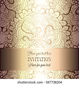 Baroque background with antique, luxury beige and metal gold vintage frame, victorian banner, damask intricate wallpaper ornaments, invitation card, baroque style booklet, lace decoration, textile.