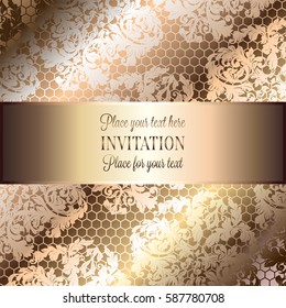 Baroque background with antique, luxury beige and metal gold vintage frame, victorian banner, damask intricate wallpaper ornaments, invitation card, baroque style booklet, lace decoration, textile.