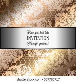 Baroque background with antique, luxury beige and metal gold vintage frame, victorian banner, damask intricate wallpaper ornaments, invitation card, baroque style booklet, lace decoration, textile.