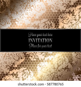 Baroque background with antique, luxury beige and metal gold vintage frame, victorian banner, damask intricate wallpaper ornaments, invitation card, baroque style booklet, lace decoration, textile.