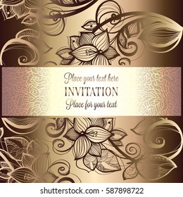 Baroque background with antique, luxury beige and metal gold vintage frame, victorian banner, ornamental lace intricate wallpaper, invitation card, baroque style booklet, lace decoration, textile.