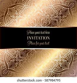 Baroque background with antique, luxury beige and metal gold vintage frame, victorian banner, ornamental lace intricate wallpaper, invitation card, baroque style booklet, lace decoration, textile.