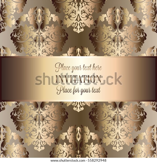 Baroque background with antique, luxury beige,\
brown and gold vintage frame, victorian banner, damask floral\
wallpaper ornaments, invitation card, baroque style booklet,\
fashion pattern.