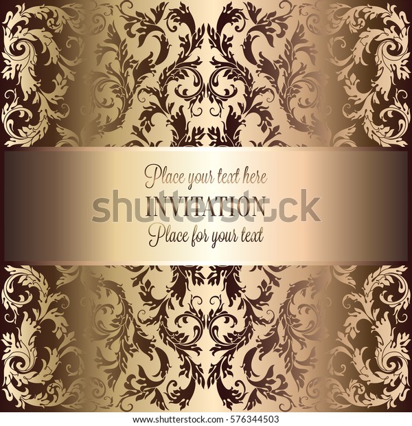 Baroque background with antique, luxury beige\
and metal gold vintage frame, victorian banner, damask floral\
wallpaper ornaments, invitation card, baroque style booklet,\
fashion pattern,\
template.